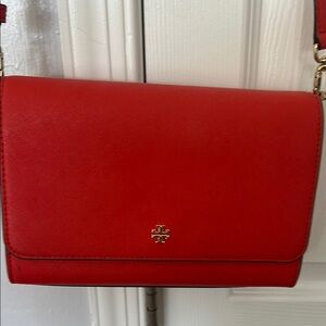 Tory Burch Red Leather Crossbody Bag with Gold Emblem